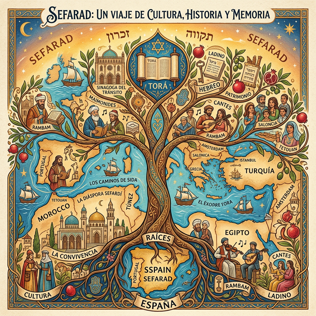 Illustrated map showing Sefarad Jewish history, culture, diaspora, including key figures, locations, and symbols